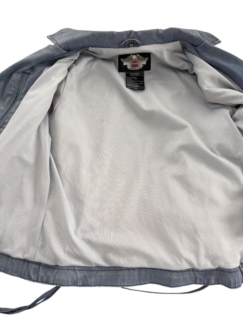 Harley Davidson Embroidered Gray Blue Denim Jacket Riding Tie Up Zippers XS NWOT - Picture 7 of 8